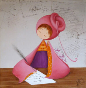 tableau personnalisé dans des teintes douces représentant un petit personnage appelé Poupir attablé en train d'écrire une lettre.