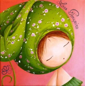 tableau dans les tons de rose et vert pour une chambre d’enfant représentant le portrait d'un petit personnage appelé Poupir.