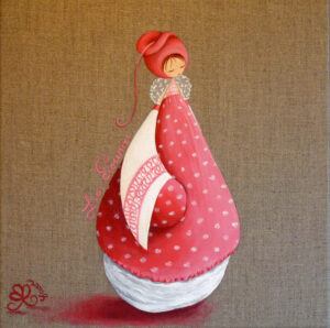 tableau décoratif personnalisé pour une chambre d’enfant représentant un petit personnage appelé Poupir habillé d'une jolie robe rose et blanche.