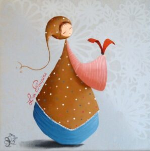 tableau décoratif personnalisé pour une chambre d’enfant représentant un petit personnage appelé Poupir tenant un oiseau stylisé prêt à s'envoler.