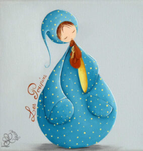 tableau décoratif personnalisé pour une chambre d’enfant représentant un petit personnage appelé Poupir dans un pyjama bleu suçant son pouce et avec son doudou.
