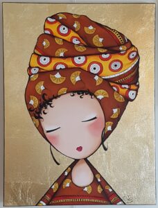 tableau décoratif acrylique et feuille d'or représentant le portrait d'un petit personnage appelé Poupir portant une tenue à motifs africains dont un turban marron jaune et brique.