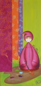 tableau décoratif pour une chambre d’enfant représentant un petit personnage appelé Poupir sur sa palette de peinture en train de décorer des toiles suspendues.
