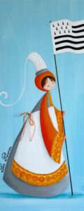 tableau décoratif représentant un petit personnage appelé Poupir habillé en bigoudène portant un drapeau breton dans la main.