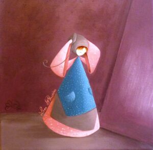 tableau décoratif personnalisé pour une chambre d’enfant dans les tons violet et rose représentant un petit personnage appelé Poupir réajustant son bonnet devant un miroir.