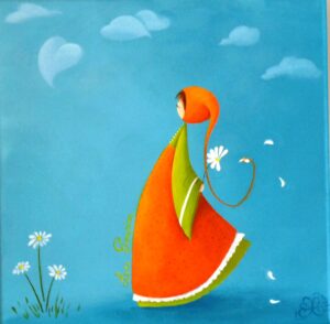 tableau décoratif personnalisé dans les tons bleu et orange pour une chambre d’enfant représentant un petit personnage appelé Poupir effeuillant une pâquerette.