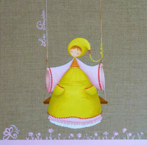 tableau décoratif personnalisé pour une chambre d’enfant représentant un petit personnage appelé Poupir assis sur une balançoire.