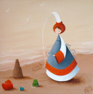 tableau décoratif représentant un petit personnage appelé Poupir habillé en bigoudène faisant un château de sable sur une plage