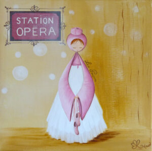 tableau décoratif dans des tons ocre et rose représentant un petit personnage appelé Poupir en tenue de danseuse devant la station Opéra.