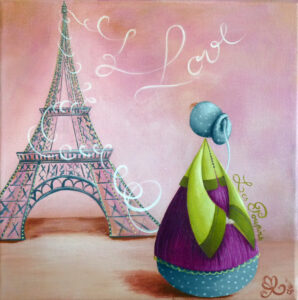 tableau décoratif dans des tons rose violet et vert représentant un petit personnage appelé Poupir devant la Tour Eiffel.