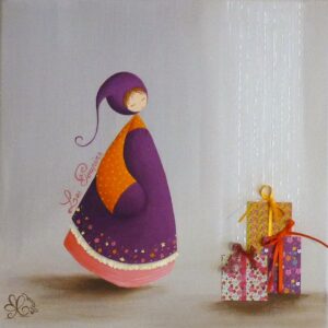 tableau décoratif pour une chambre d’enfant représentant un petit personnage appelé Poupir devant ses cadeaux.