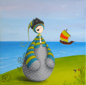 peinture sur toile de Nadine Lefeuve représentant un petit personnage appelé Poupir habillé en pirate.