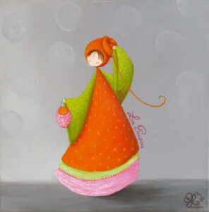 peinture sur toile de Nadine Lefeuve représentant un petit personnage appelé Poupir tenant un petit sac à la main et réajustant son bonnet.