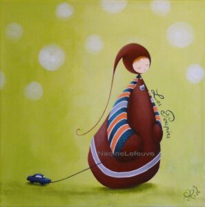 peinture sur toile de Nadine Lefeuve représentant un petit personnage appelé Poupir tirant une petite voiture derrière lui.