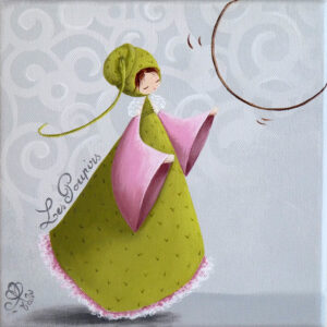 peinture sur toile de Nadine Lefeuve représentant un petit personnage appelé Poupir jouant du cerceau.