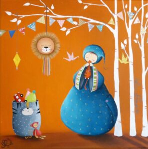 tableau décoratif multicolore représentant un petit personnage appelé Poupir dans un décor de chambre d'enfant.