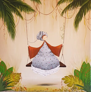 peinture sur toile de Nadine Lefeuve représentant un petit personnage appelé Poupir sur une balançoire dans un décor de jungle
