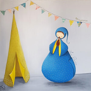 peinture sur toile de Nadine Lefeuve représentant un petit personnage appelé Poupir suçant son pouce avec son doudou.