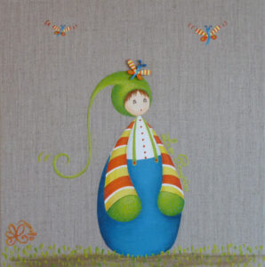 peinture sur toile de lin brut de Nadine Lefeuve représentant un petit personnage appelé Poupir avec un papillon sur la tête
