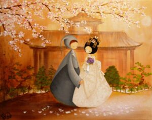 peinture sur toile de Nadine Lefeuve représentant deux personnages appelés Poupirs se mariant en tenue traditionnelle japonaise et européen.