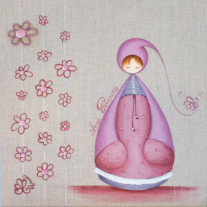 peinture sur toile de lin brut de Nadine Lefeuve représentant un petit personnage appelé Poupir