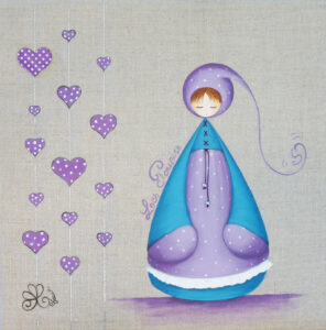 peinture sur toile de lin brut de Nadine Lefeuve représentant un petit personnage appelé Poupir avec des coeurs.