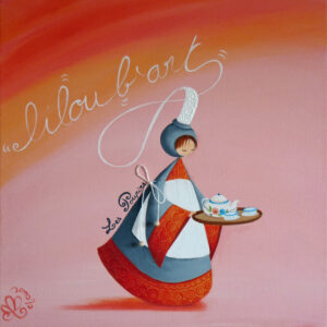peinture sur toile de Nadine Lefeuve représentant un petit personnage appelé Poupir servant le thé.