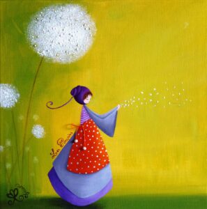 peinture sur toile de Nadine Lefeuve représentant un petit personnage appelé Poupir semant des graines de fleurs.
