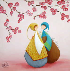 peinture sur toile de Nadine Lefeuve représentant deux personnages appelés Poupirs se tenant la main sous un cerisier