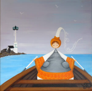 peinture sur toile de Nadine Lefeuve représentant un petit personnage appelé Poupir dans une barque devant le phare Men Ar Croas.