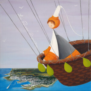 peinture sur toile de Nadine Lefeuve représentant un petit personnage appelé Poupir dans une montgolfière au dessus du port breton de Lesconil.
