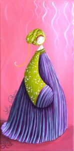 peinture sur toile de Nadine Lefeuve représentant un petit personnage appelé Poupir en robe violette et verte