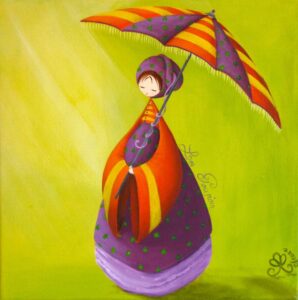 peinture sur toile de Nadine Lefeuve représentant un petit personnage appelé Poupir avec son parapluie