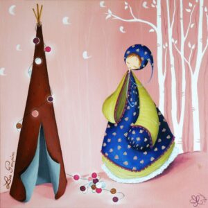 peinture sur toile de Nadine Lefeuve représentant un personnage appelé Poupir a coté dun tipi et une guirlande multicolore