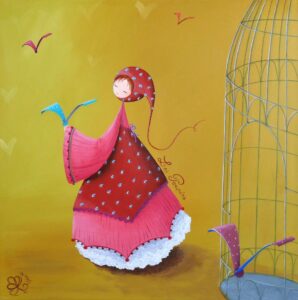 peinture sur toile de Nadine Lefeuve représentant un personnage appelé Poupir ouvrant une cage doiseaux
