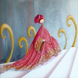 peinture sur toile de Nadine Lefeuve représentant un personnage appelé Poupir habillée en princesse rose
