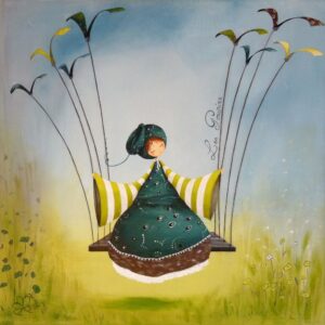 peinture sur toile de Nadine Lefeuve représentant un personnage appelé Poupir sur une balancoire portee par des oiseaux