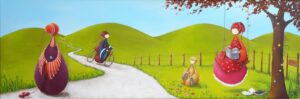peinture sur toile de Nadine Lefeuve représentant des personnages appelés Poupir dans une scene champetre