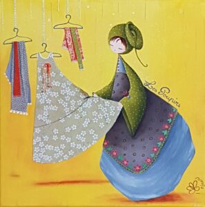 peinture sur toile de Nadine Lefeuve représentant un personnage appelé Poupir en couturiere coupant une robe