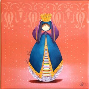 peinture sur toile de Nadine Lefeuve représentant un personnage appelé Poupir se mettant une couronne sur la tete