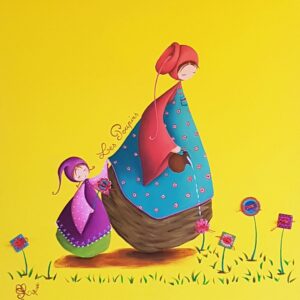 peinture sur toile de Nadine Lefeuve représentant des personnages appelés Poupir la mere et la petite fille arrosant des fleurs