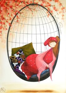 peinture sur toile de Nadine Lefeuve représentant un personnage appelé Poupir endormie dans une balancelle sous des fleurs de cerisier