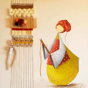 peinture sur toile de Nadine Lefeuve représentant un personnage appelé Poupir travaillant sur son metier a tisser