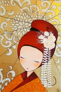 peinture sur toile de Nadine Lefeuve représentant la tete dun personnage appelé Poupir en tenue traditionnelle japonaise et son ombrelle dor
