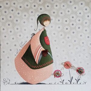 peinture sur toile de Nadine Lefeuve représentant un personnage appelé Poupir arrosant des fleurs