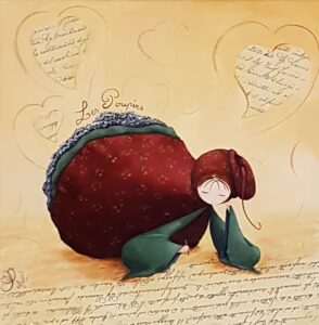 peinture sur toile de Nadine Lefeuve représentant un personnage appelé Poupir allonge et redigeant une lettre