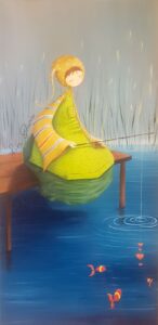 peinture sur toile de Nadine Lefeuve représentant un personnage appelé Poupir assis sur un ponton avec sa canne a peche