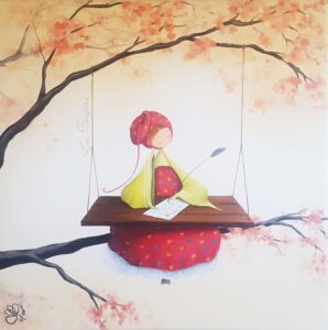 peinture sur toile de Nadine Lefeuve représentant un personnage appelé Poupir assis sur une branche de cerisier et ecrivant une lettre