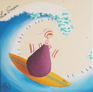 peinture sur toile de Nadine Lefeuve représentant un personnage appelé Poupir surfant sur la vague dhokusai