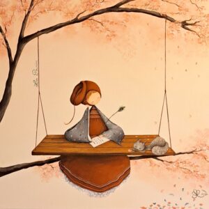 peinture sur toile de Nadine Lefeuve représentant un personnage appelé Poupir assis sur une branche de cerisier et ecrivant une lettre